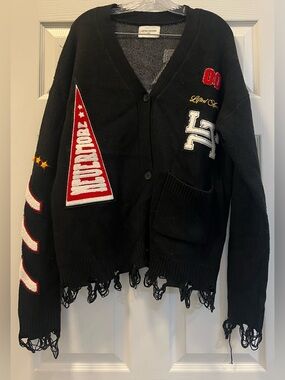 Lifted Anchors Black Men's Patch-Detail Cardigan Sweater, size Medium.